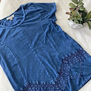 Anthropologie Eri + Ali denim blue colored short sleeve top with eyelet details